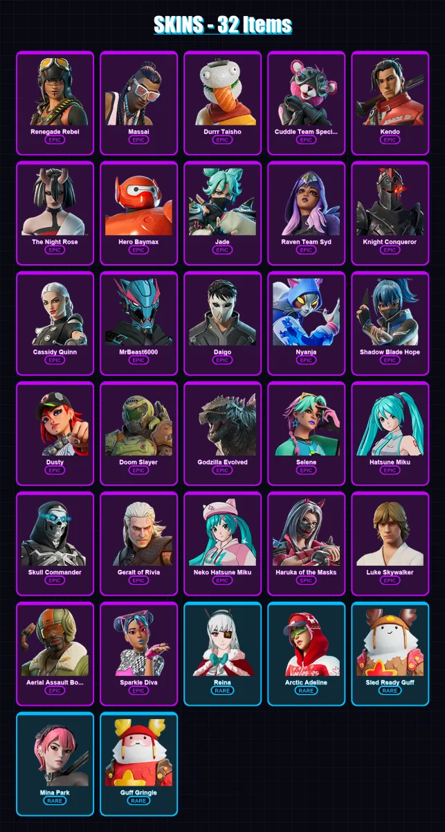 [PC/XBOX/PSN] | Renegade Rebel | Massai | Durrr Taisho | Cuddle Team Specialist | Kendo | 32 skin | 38 pickaxe | 31 emote | 31 glider | Lv200