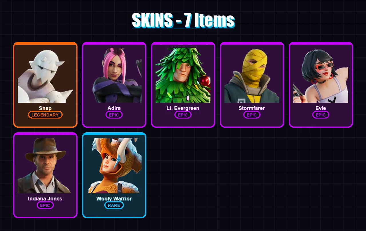 [PS4/PS5/XBOX/PC] | Snap | Adira | Lt. Evergreen | Stormfarer | Evie | 7 skin | 17 pickaxe | 12 emote | 18 glider | Lv230