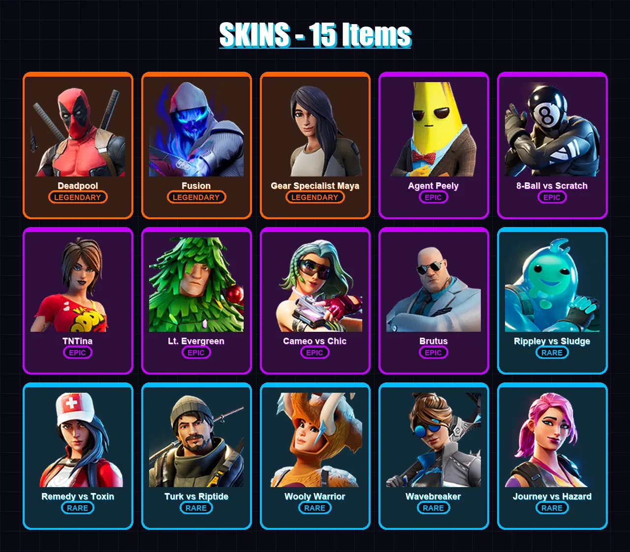 [PC/XBOX/PSN] | Deadpool | Fusion | Gear Specialist Maya | Agent Peely | 8-Ball vs Scratch | 15 skin | 16 pickaxe | 17 emote | 16 glider | Lv207