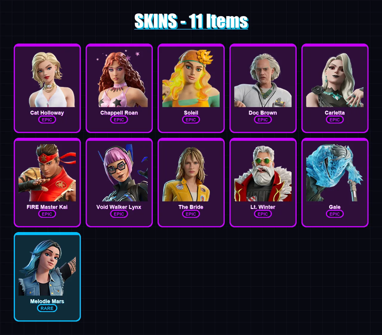 [PC/PSN] | Cat Holloway | Chappell Roan | Soleil | Doc Brown | Carletta | 11 skin | 10 pickaxe | 9 emote | 5 glider | Lv40