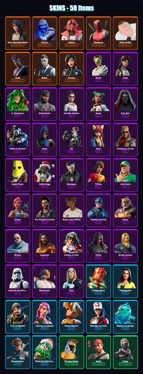 [PS4/PS5/XBOX/PC] | Gear Specialist Maya | Fusion | Valeria | Deadpool | Peter Griffin | 50 skin | 62 pickaxe | 72 emote | 50 glider | Lv795