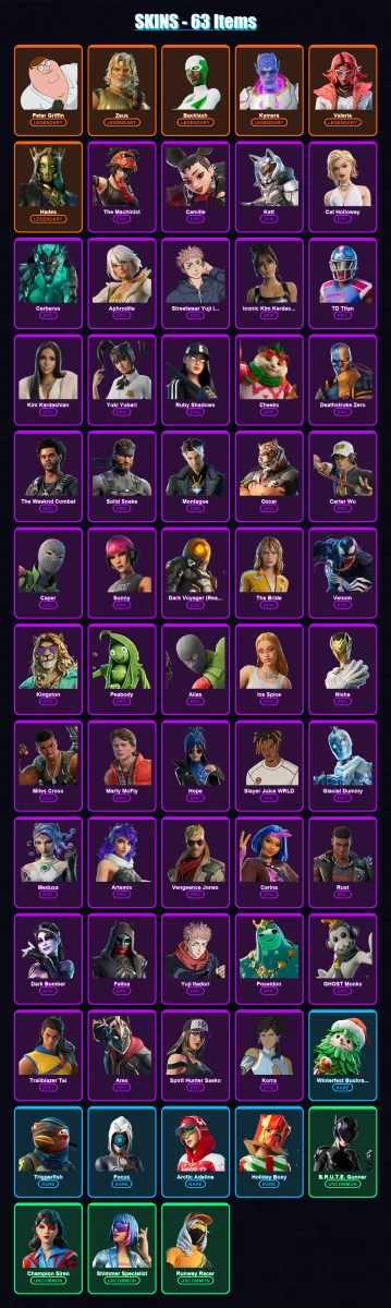 [PC/XBOX/PSN] | Peter Griffin | Zeus | Backlash | Kymera | Valeria | 63 skin | 96 pickaxe | 79 emote | 63 glider | Lv1090