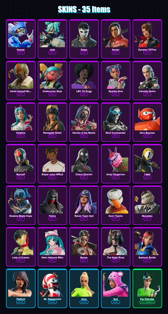 [PC] | Nyanja | Jade | Daigo | Kendo | Dynamo TNTina | 35 skin | 49 pickaxe | 27 emote | 26 glider | Lv415