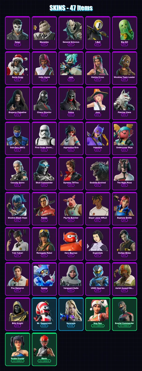 [PC/XBOX/PSN] | Daigo | Meowdas | General Grievous | 1-Ball | Big Dill | 47 skin | 104 pickaxe | 64 emote | 68 glider | Lv2262