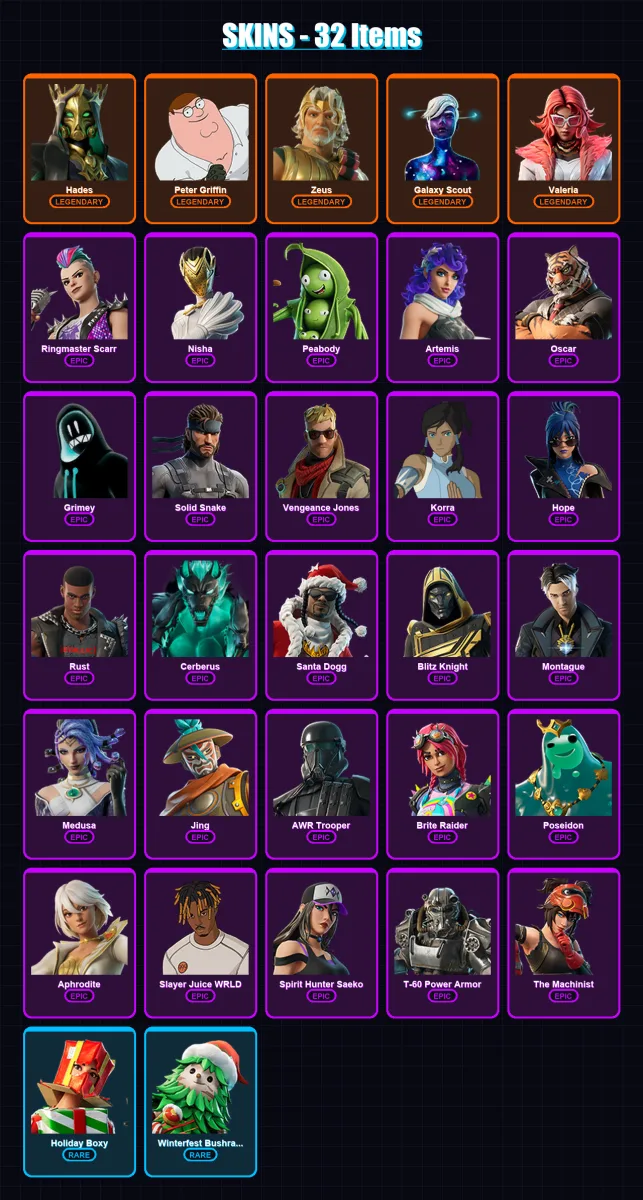 [PC/XBOX] | Hades | Peter Griffin | Zeus | Galaxy Scout | Valeria | 32 skin | 56 pickaxe | 42 emote | 49 glider | Lv579