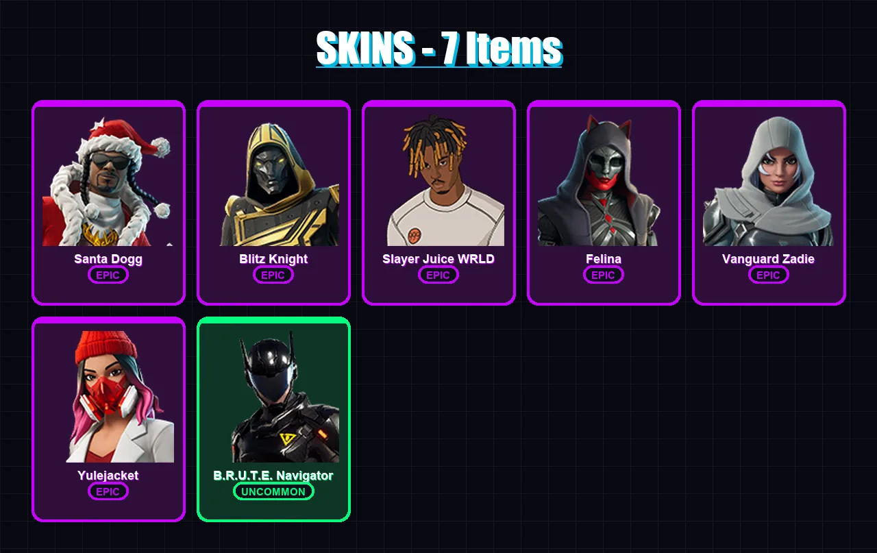 [SWITCH/XBOX/PSN/PC] | Santa Dogg | Blitz Knight | Slayer Juice WRLD | Felina | Vanguard Zadie | 7 skin | 50 pickaxe | 16 emote | 27 glider | Lv517