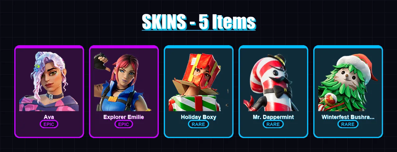 [PC/PSN] | Ava | Explorer Emilie | Holiday Boxy | Mr. Dappermint | Winterfest Bushranger | 5 skin | 10 pickaxe | 10 emote | 11 glider | Lv161