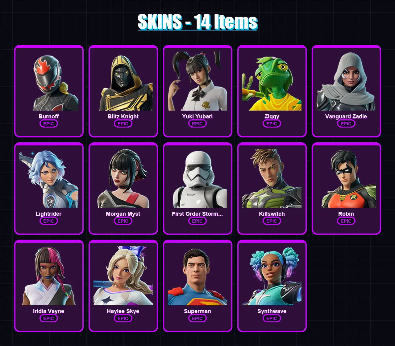 [PC/XBOX/PSN] | Burnoff | Blitz Knight | Yuki Yubari | Ziggy | Vanguard Zadie | 14 skin | 43 pickaxe | 21 emote | 31 glider | Lv499