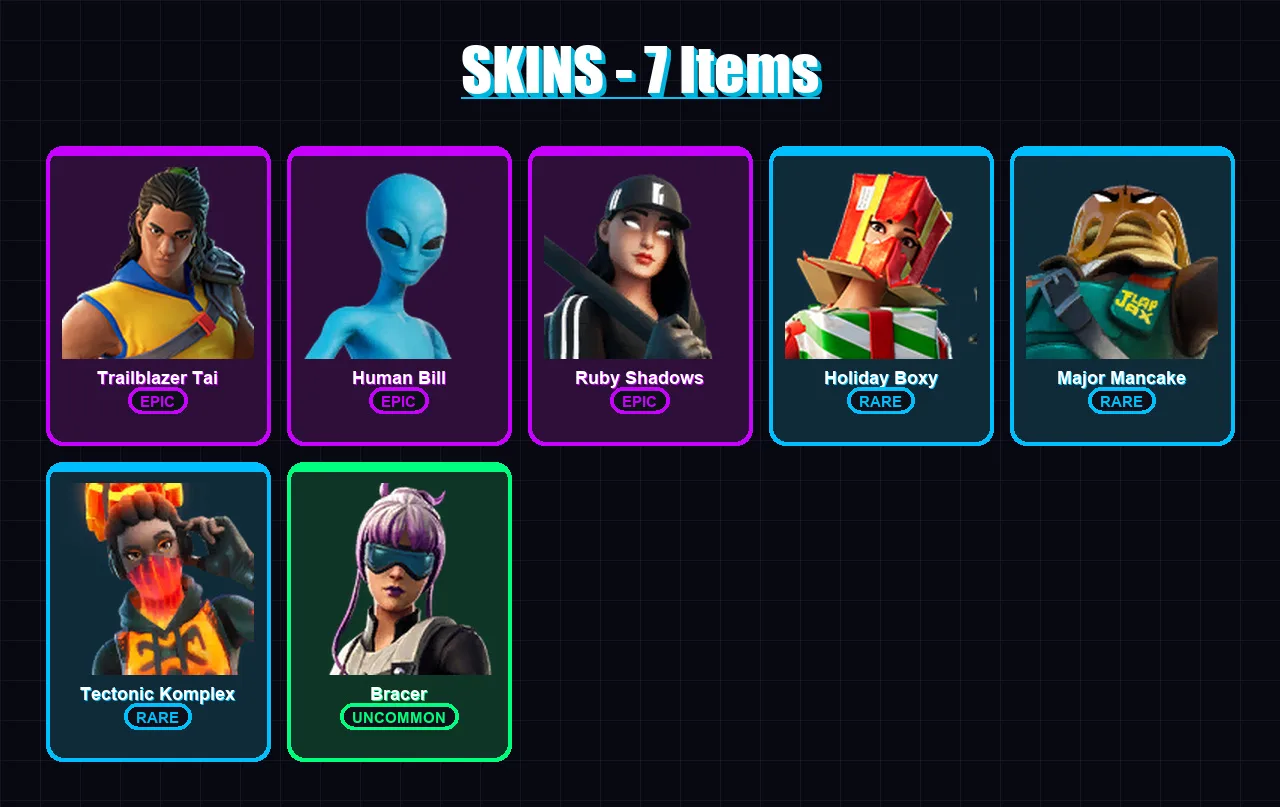 [PS4/PS5/XBOX/PC] | Trailblazer Tai | Human Bill | Ruby Shadows | Holiday Boxy | Major Mancake | 7 skin | 11 pickaxe | 20 emote | 13 glider | Lv368