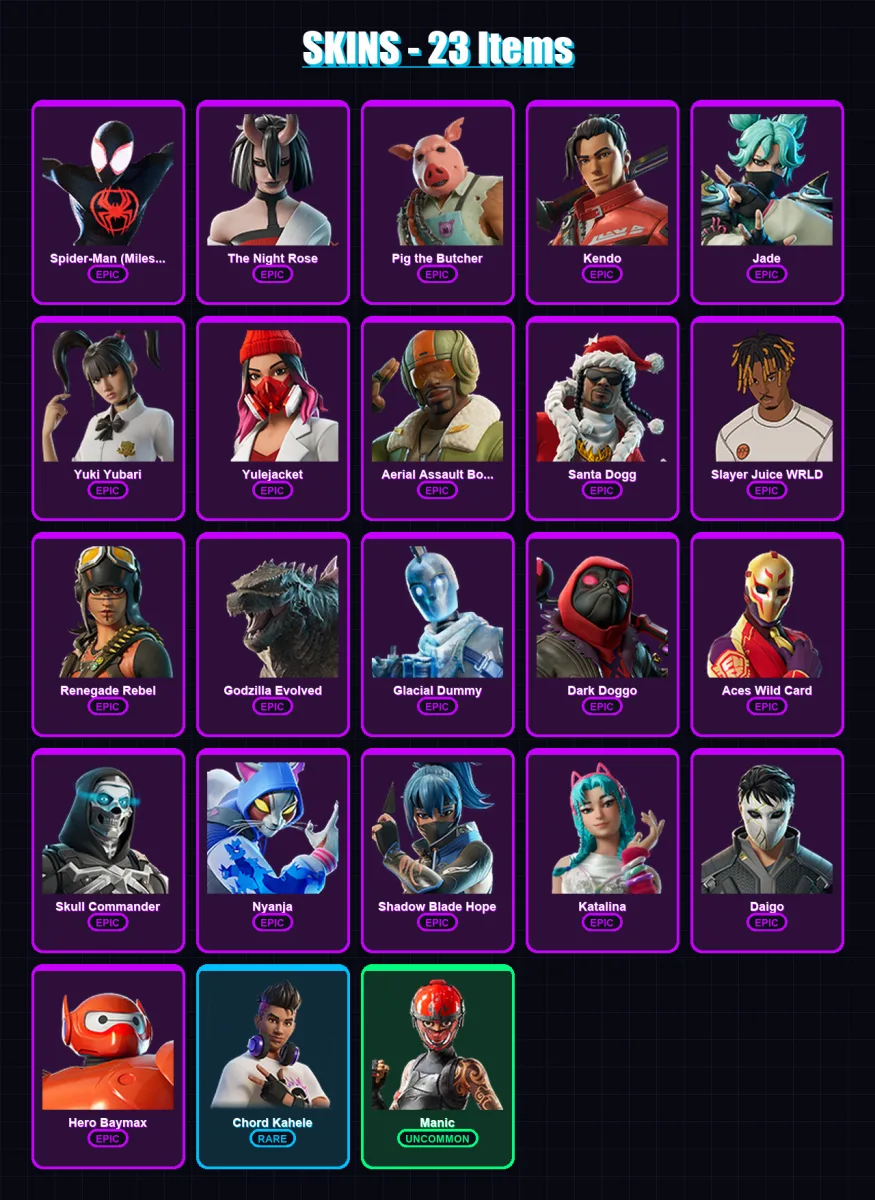 [PC/PSN] | Spider-Man (Miles Morales) | The Night Rose | Pig the Butcher | Kendo | Jade | 23 skin | 62 pickaxe | 34 emote | 41 glider | Lv634 — Fortnite account