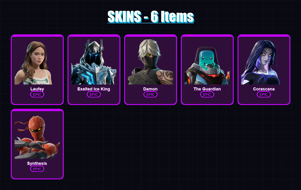 [PC/PSN] | Laufey | Exalted Ice King | Damon | The Guardian | Corascana | 6 skin | 7 pickaxe | 5 emote | 9 glider | Lv78