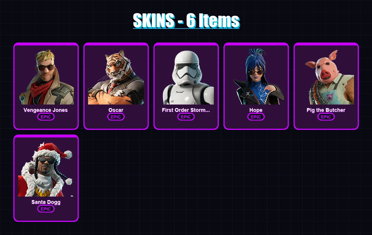 [PC/PSN] | Vengeance Jones | Oscar | First Order Stormtrooper | Hope | Pig the Butcher | 6 skin | 33 pickaxe | 15 emote | 18 glider | Lv210