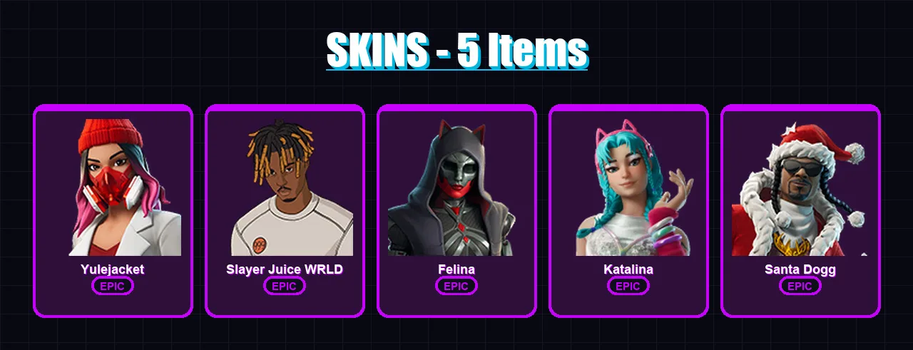 [PC/XBOX] | Yulejacket | Slayer Juice WRLD | Felina | Katalina | Santa Dogg | 5 skin | 28 pickaxe | 14 emote | 14 glider | Lv161
