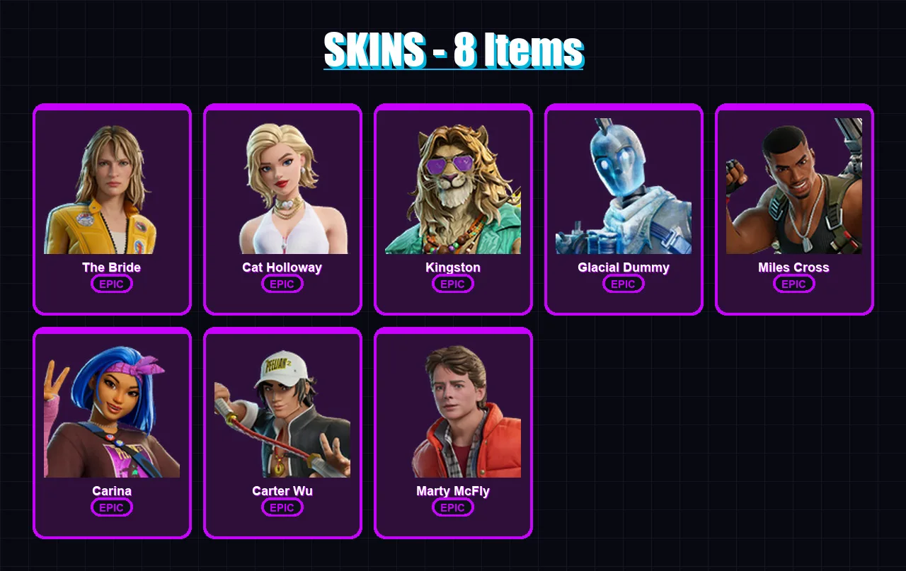 [PC/XBOX] | The Bride | Cat Holloway | Kingston | Glacial Dummy | Miles Cross | 8 skin | 17 pickaxe | 14 emote | 13 glider | Lv85