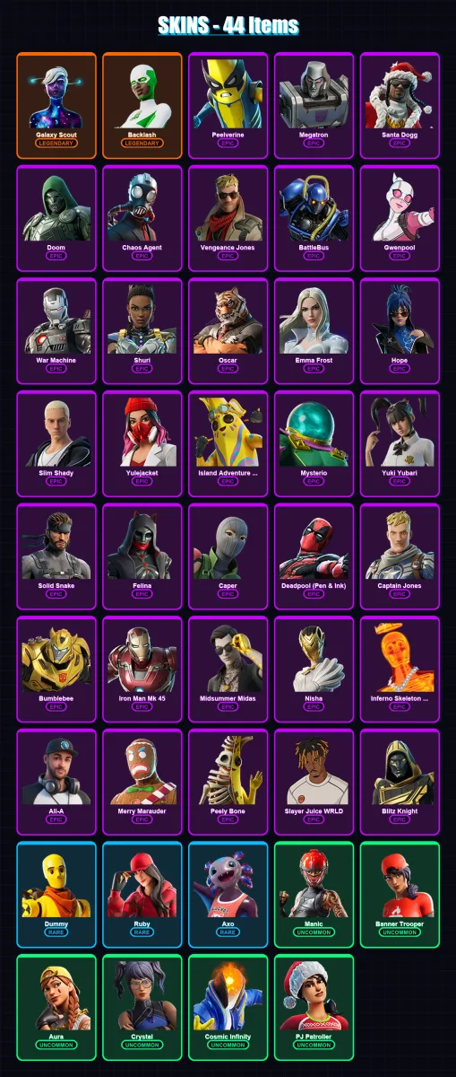 [PC/XBOX/PSN] | Galaxy Scout | Backlash | Peelverine | Megatron | Santa Dogg | 44 skin | 65 pickaxe | 43 emote | 39 glider | Lv649