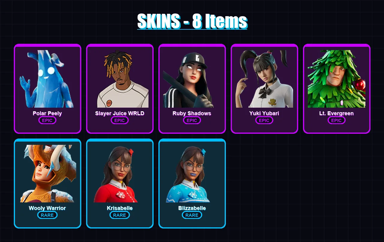 [PC/XBOX/PSN] | Polar Peely | Slayer Juice WRLD | Ruby Shadows | Yuki Yubari | Lt. Evergreen | 8 skin | 38 pickaxe | 33 emote | 40 glider | Lv663