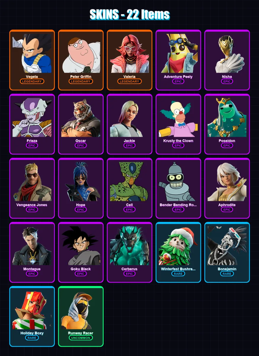 [PC/XBOX/PSN] | Vegeta | Peter Griffin | Valeria | Adventure Peely | Nisha | 22 skin | 21 pickaxe | 25 emote | 13 glider | Lv204