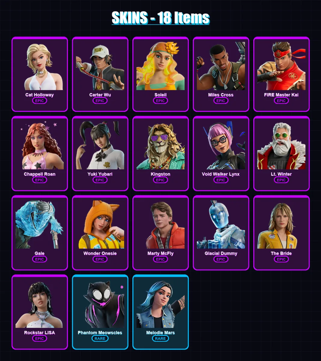 [PC/XBOX/PSN] | Cat Holloway | Carter Wu | Soleil | Miles Cross | FIRE Master Kai | 18 skin | 36 pickaxe | 20 emote | 18 glider | Lv147
