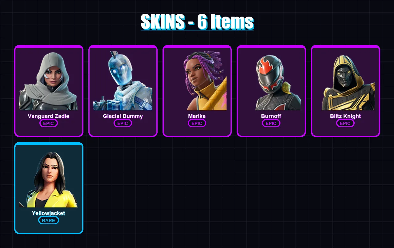 [PC/XBOX] | Vanguard Zadie | Glacial Dummy | Marika | Burnoff | Blitz Knight | 6 skin | 56 pickaxe | 24 emote | 39 glider | Lv826