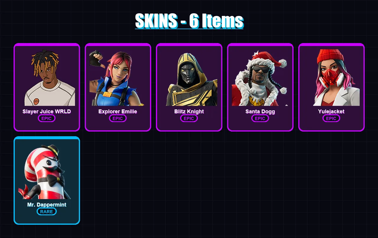 [PC/XBOX/PSN] | Slayer Juice WRLD | Explorer Emilie | Blitz Knight | Santa Dogg | Yulejacket | 6 skin | 39 pickaxe | 17 emote | 29 glider | Lv407
