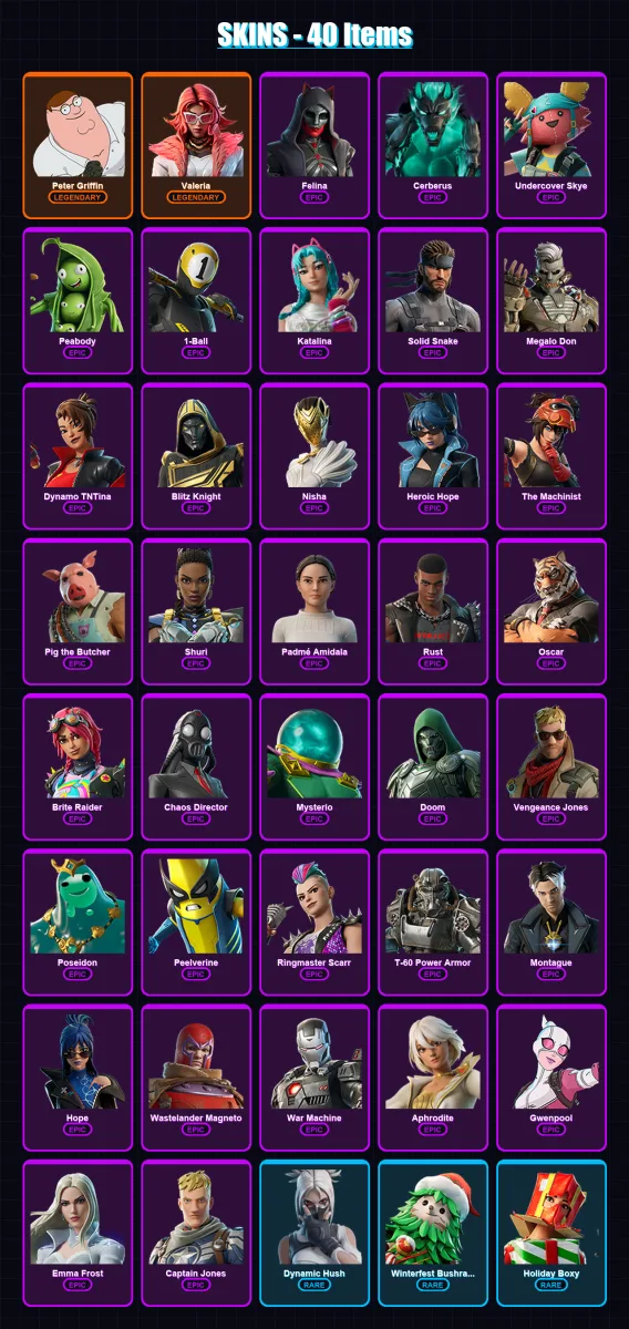 [PC/XBOX/PSN] | Peter Griffin | Valeria | Felina | Cerberus | Undercover Skye | 40 skin | 54 pickaxe | 38 emote | 42 glider | Lv507