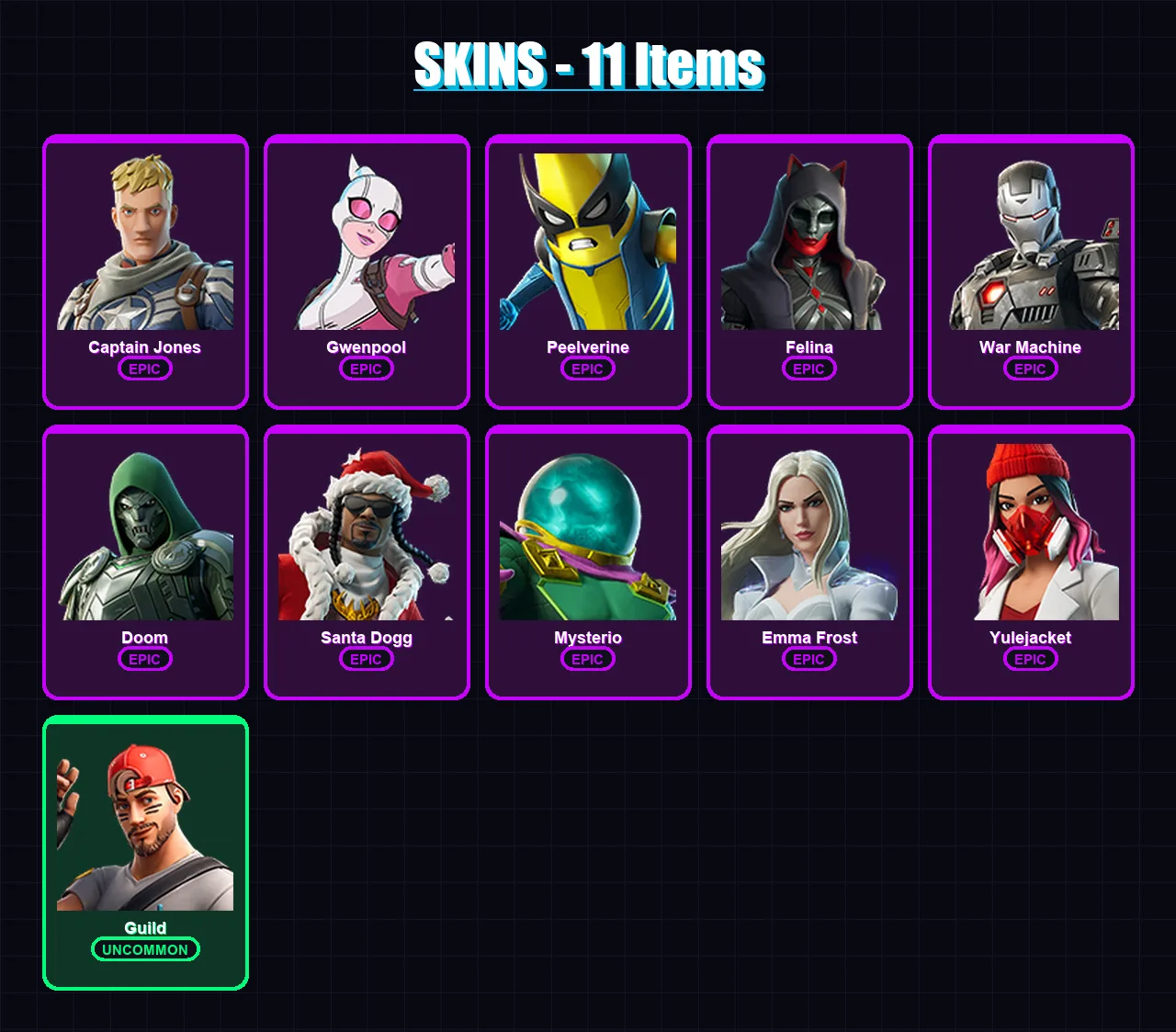 [PC/XBOX/PSN] | Captain Jones | Gwenpool | Peelverine | Felina | War Machine | 11 skin | 30 pickaxe | 14 emote | 19 glider | Lv193