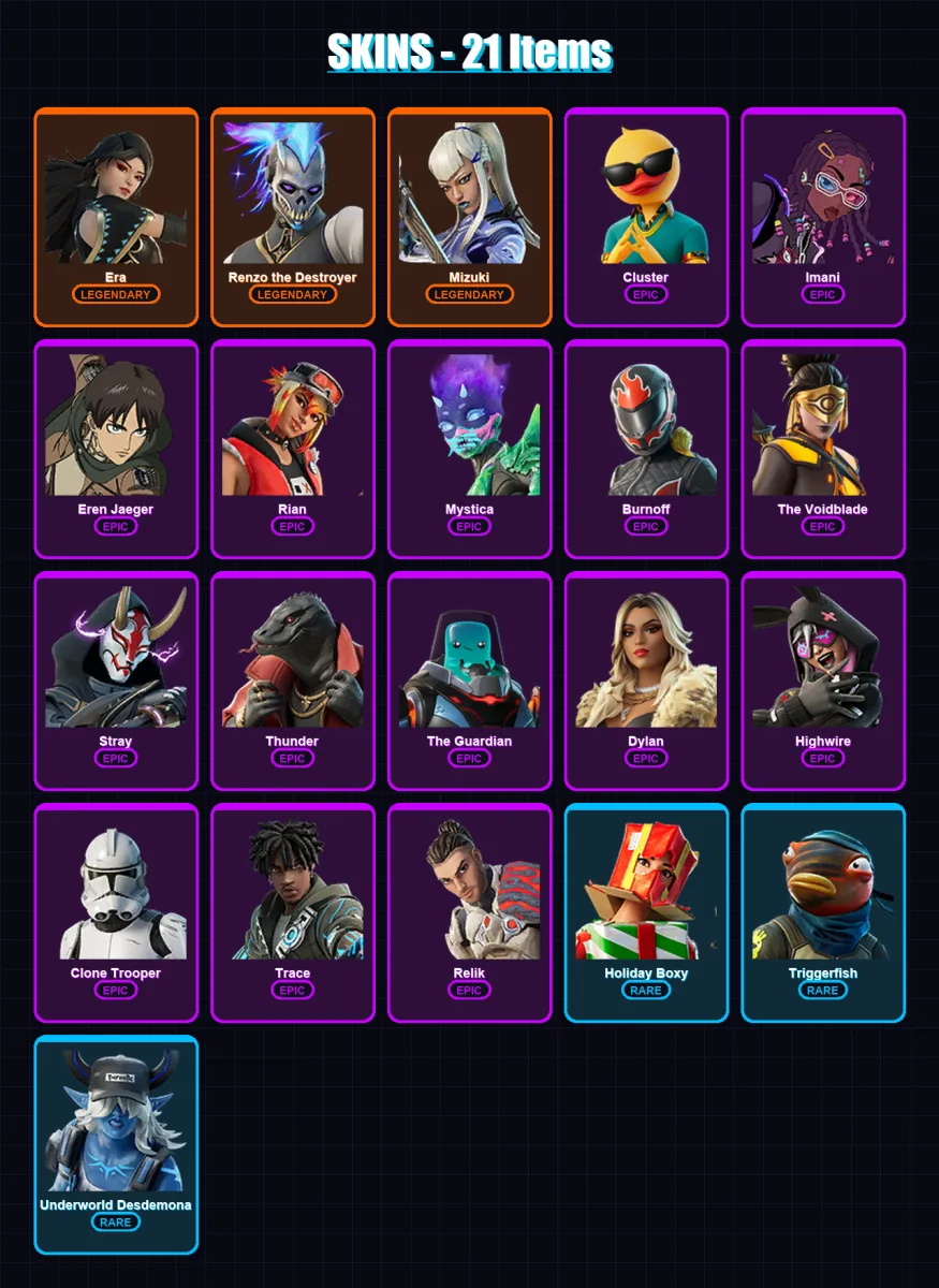 [PC/XBOX/PSN] | Era | Renzo the Destroyer | Mizuki | Cluster | Imani | 21 skin | 35 pickaxe | 28 emote | 32 glider | Lv379