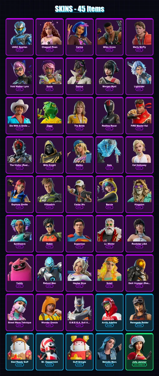 [PC/XBOX/PSN] | UNSC Spartan | Chappell Roan | Carina | Miles Cross | Marty McFly | 45 skin | 74 pickaxe | 44 emote | 42 glider | Lv464