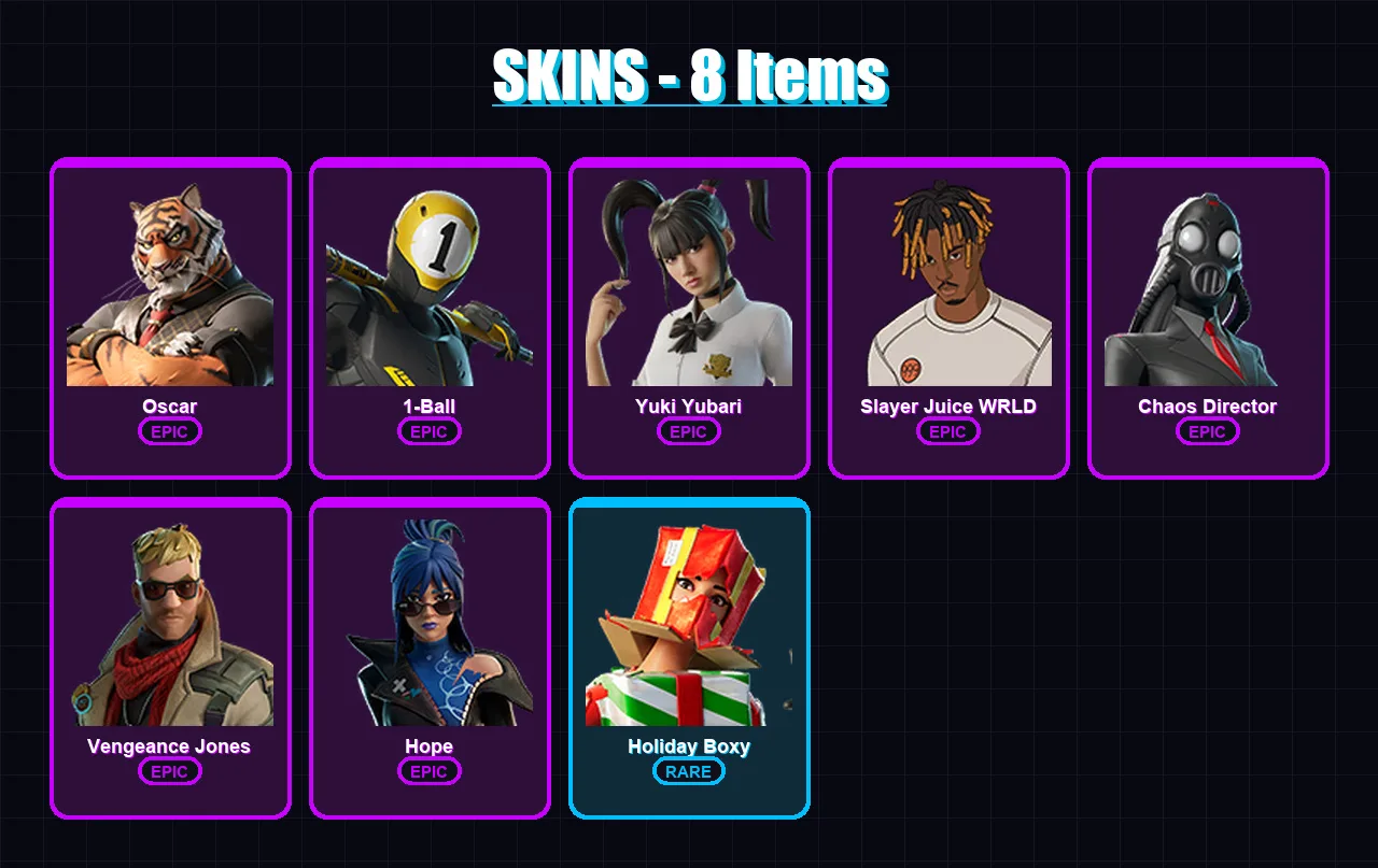 [PC/PSN] | Oscar | 1-Ball | Yuki Yubari | Slayer Juice WRLD | Chaos Director | 8 skin | 33 pickaxe | 12 emote | 19 glider | Lv302