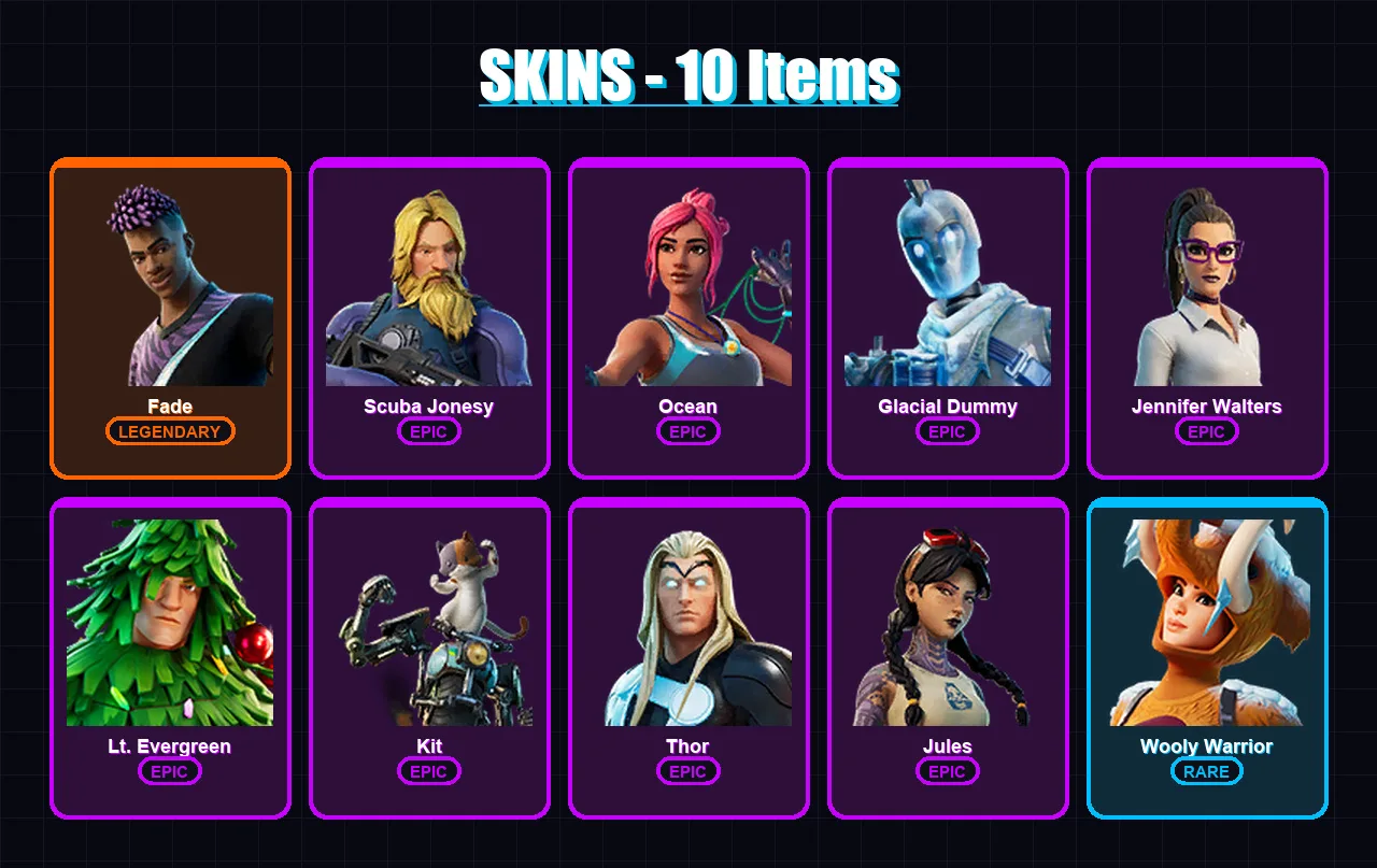 [PC/XBOX/PSN] | Fade | Scuba Jonesy | Ocean | Glacial Dummy | Jennifer Walters | 10 skin | 28 pickaxe | 15 emote | 28 glider | Lv368