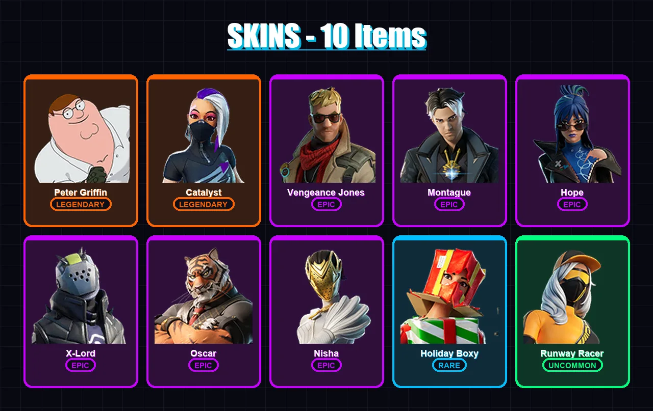 [PC/XBOX/PSN] | Peter Griffin | Catalyst | Vengeance Jones | Montague | Hope | 10 skin | 25 pickaxe | 26 emote | 26 glider | Lv543