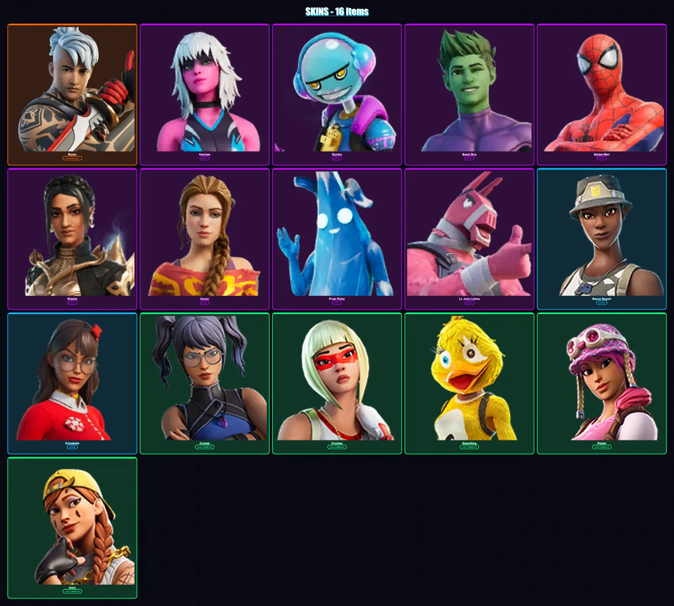 [PC] | Ronin | Harlowe | Gumbo | Beast Boy | Spider-Man | 16 skin | 27 pickaxe | 46 emote | 28 glider | Lv576 — Fortnite account