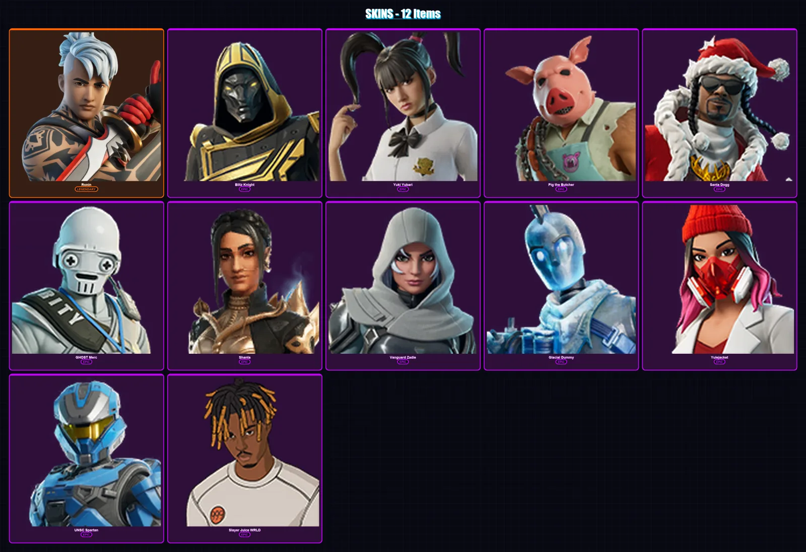 [PC/XBOX/PSN] | Ronin | Blitz Knight | Yuki Yubari | Pig the Butcher | Santa Dogg | 12 skin | 84 pickaxe | 30 emote | 58 glider | Lv1186