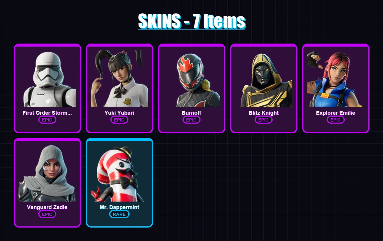 [PC/XBOX] | First Order Stormtrooper | Yuki Yubari | Burnoff | Blitz Knight | Explorer Emilie | 7 skin | 14 pickaxe | 7 emote | 11 glider | Lv114