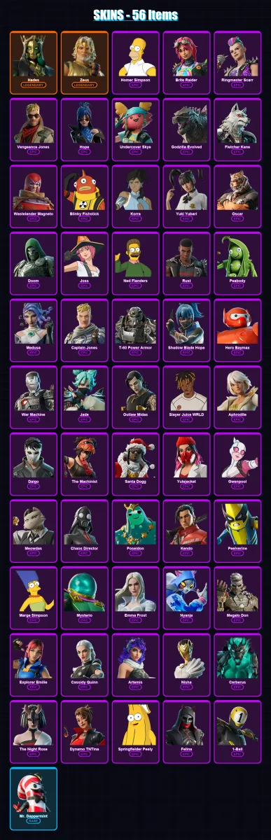 [PC/XBOX/PSN] | Hades | Zeus | Homer Simpson | Brite Raider | Ringmaster Scarr | 56 skin | 91 pickaxe | 56 emote | 66 glider | Lv719 — Fortnite account