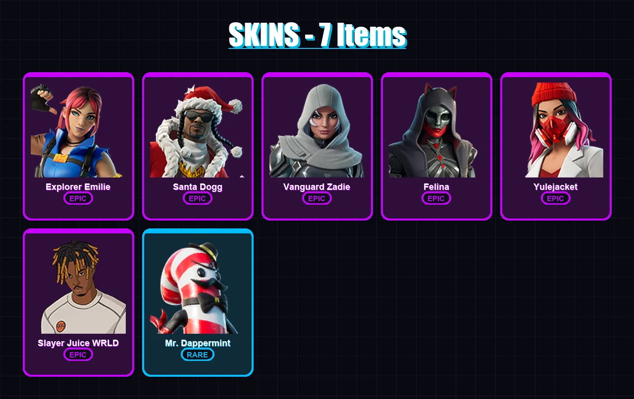 [PC/XBOX/PSN] | Explorer Emilie | Santa Dogg | Vanguard Zadie | Felina | Yulejacket | 7 skin | 41 pickaxe | 17 emote | 23 glider | Lv436