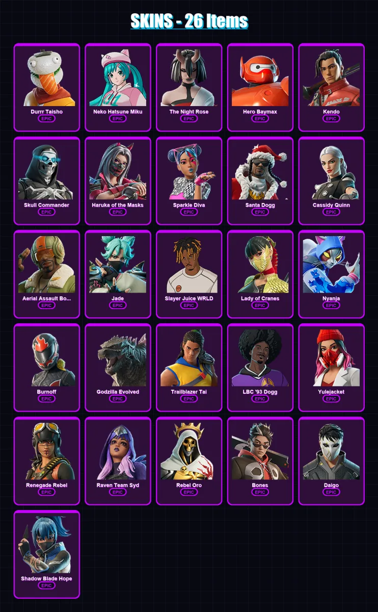 [PC/XBOX/PSN] | Durrr Taisho | Neko Hatsune Miku | The Night Rose | Hero Baymax | Kendo | 26 skin | 34 pickaxe | 22 emote | 18 glider | Lv198