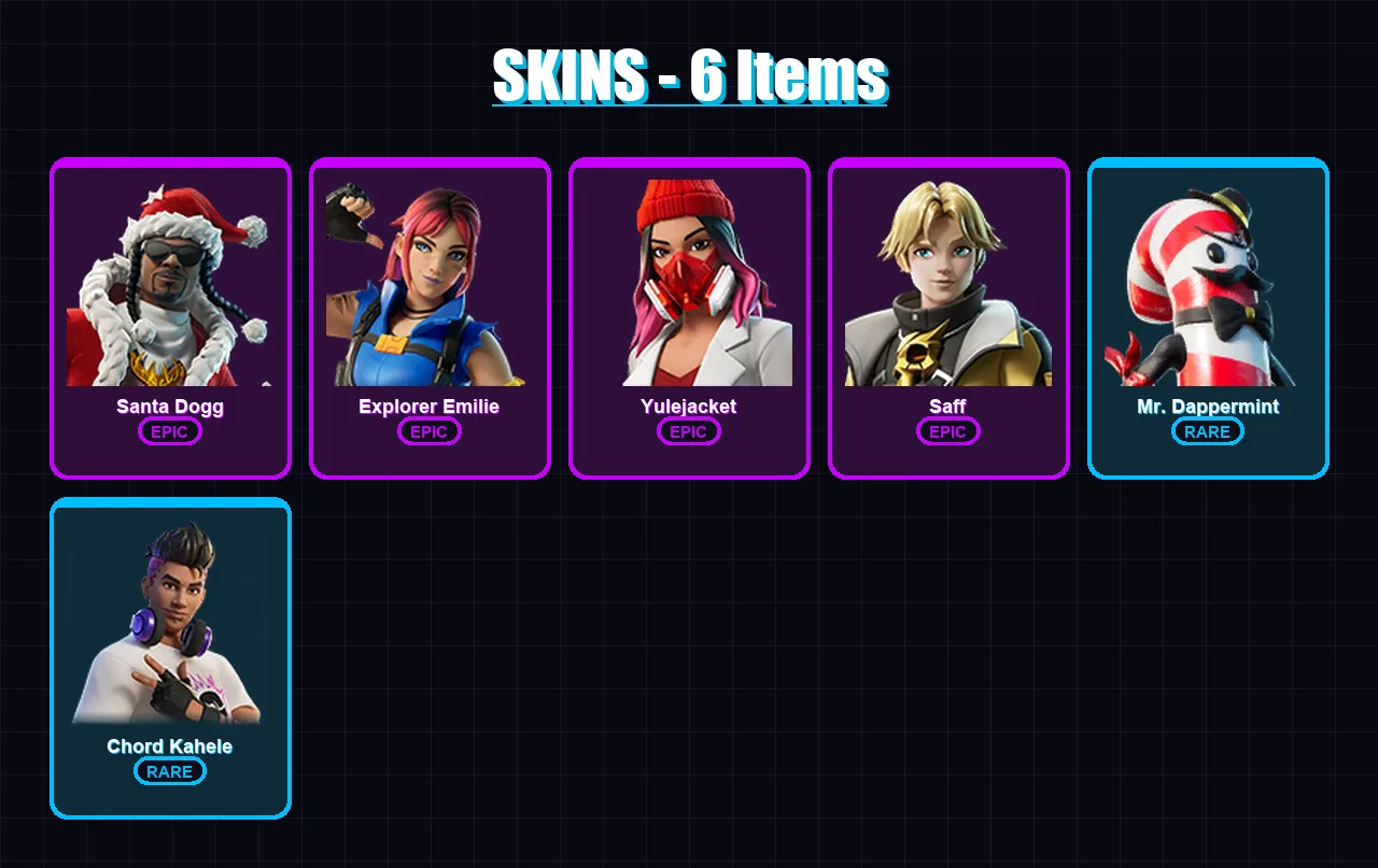 [PC] | Santa Dogg | Explorer Emilie | Yulejacket | Saff | Mr. Dappermint | 6 skin | 35 pickaxe | 12 emote | 24 glider | Lv295