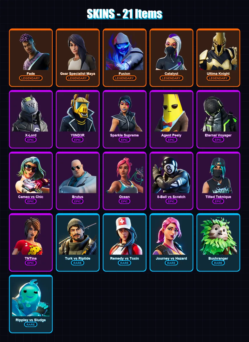[PC/XBOX/PSN] | Fade | Gear Specialist Maya | Fusion | Catalyst | Ultima Knight | 21 skin | 20 pickaxe | 20 emote | 25 glider | Lv256