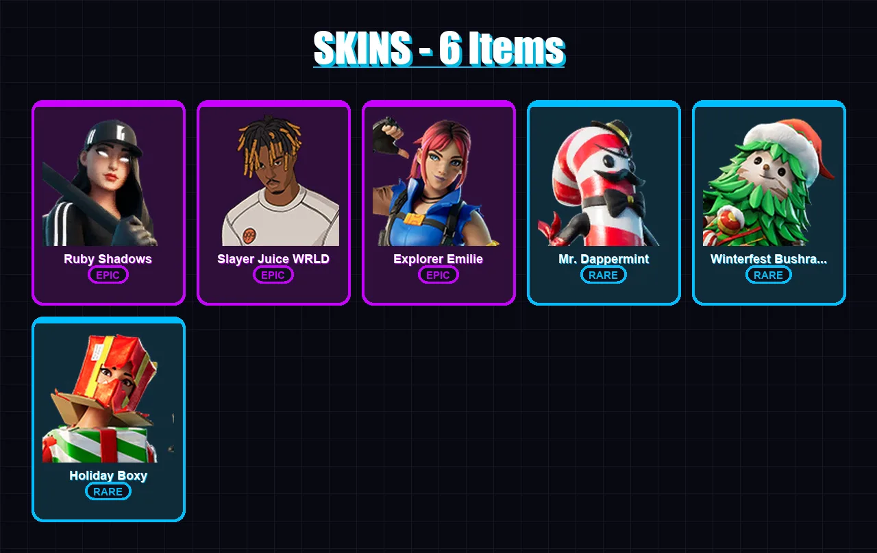 [PC/XBOX/PSN] | Ruby Shadows | Slayer Juice WRLD | Explorer Emilie | 6 skin | Lv54