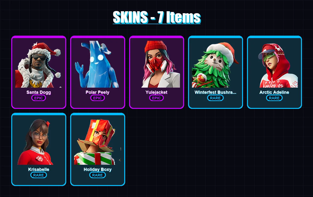 [PS4/PS5/XBOX/PC] | Santa Dogg | Polar Peely | Yulejacket | Winterfest Bushranger | Arctic Adeline | 7 skin | 17 pickaxe | 7 emote | 17 glider | Lv1