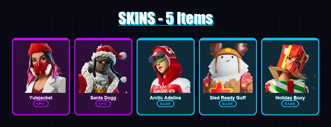 [PC/XBOX/PSN] | Yulejacket | Santa Dogg | Arctic Adeline | Sled Ready Guff | Holiday Boxy | 5 skin | 18 pickaxe | 10 emote | 18 glider | Lv189