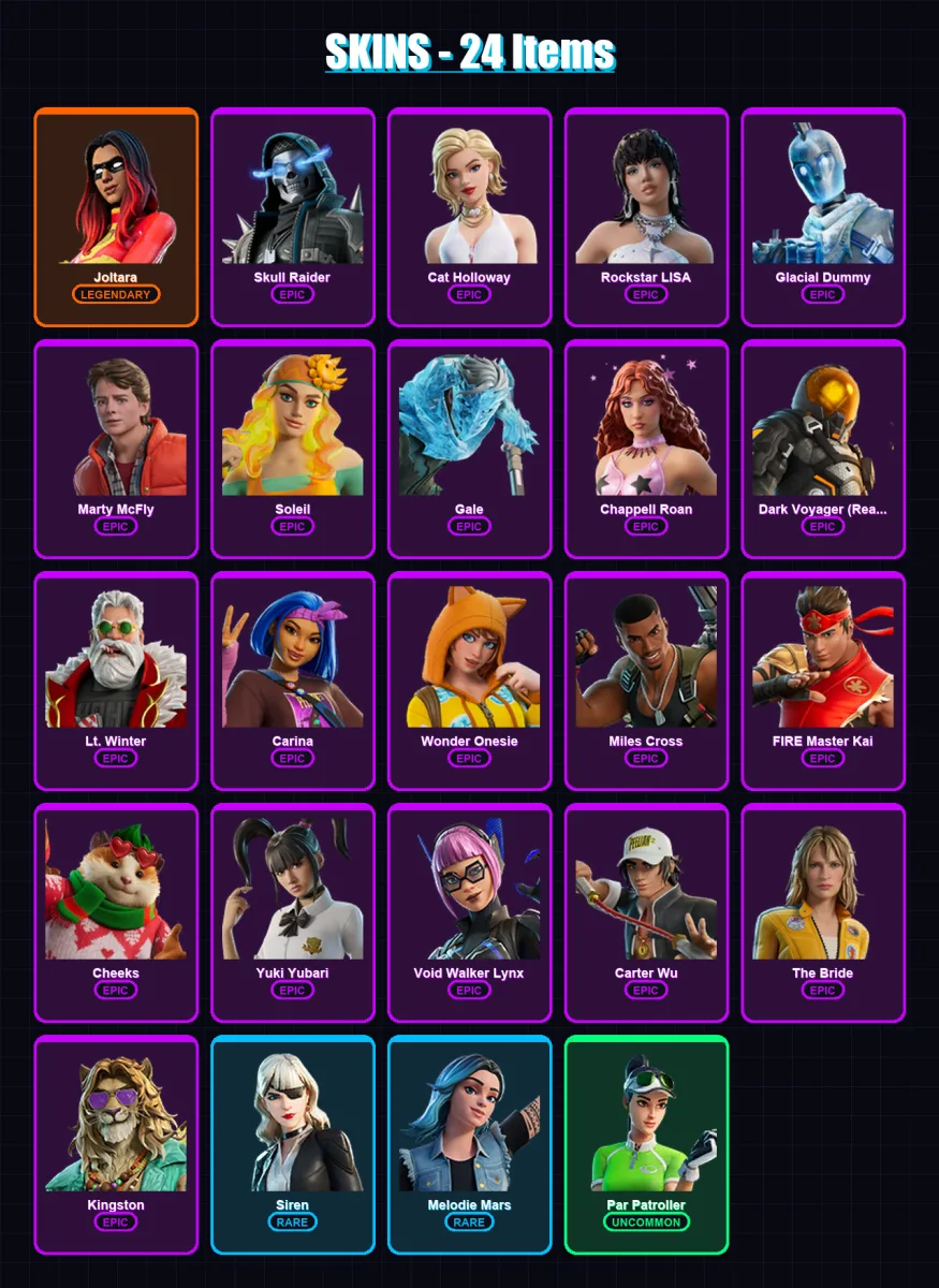 [PC/PSN] | Joltara | Skull Raider | Cat Holloway | Rockstar LISA | Glacial Dummy | 24 skin | 50 pickaxe | 24 emote | 28 glider | Lv436