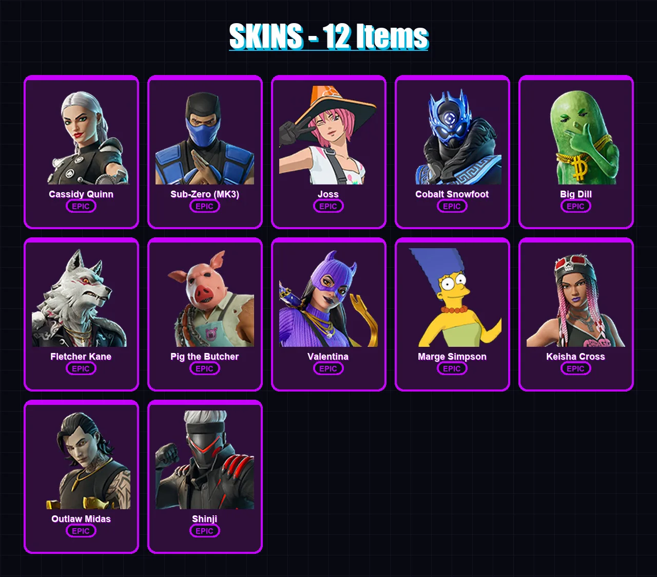 [PS4/PS5/XBOX/PC] | Cassidy Quinn | Sub-Zero (MK3) | Joss | Cobalt Snowfoot | Big Dill | 12 skin | 41 pickaxe | 18 emote | 26 glider | Lv289 — Fortnite account