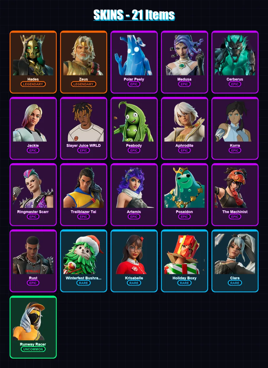 [PC/XBOX/PSN] | Hades | Zeus | Polar Peely | Medusa | Cerberus | 21 skin | 46 pickaxe | 37 emote | 42 glider | Lv722