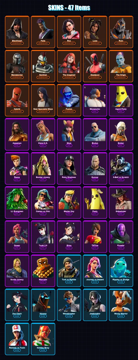[PC/XBOX/PSN] | Blackheart | Fade | Rox | Luxe | Ruin | 47 skin | 48 pickaxe | 41 emote | 58 glider | Lv729