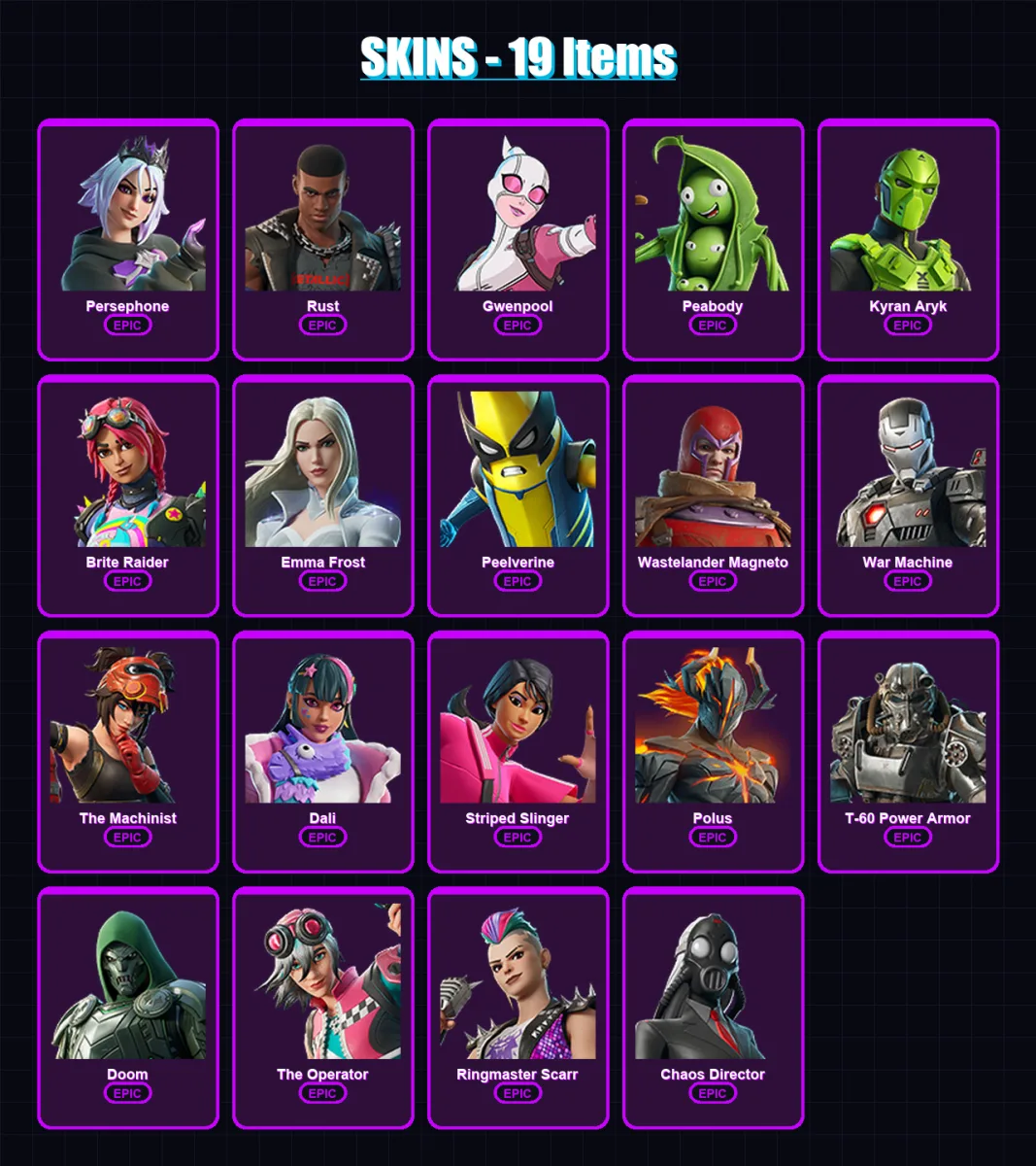 [PC/XBOX/PSN] | Persephone | Rust | Gwenpool | Peabody | Kyran Aryk | 19 skin | 23 pickaxe | 17 emote | 17 glider | Lv163