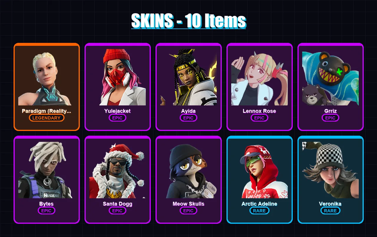 [PC/XBOX/PSN] | Paradigm (Reality-659) | Yulejacket | Ayida | Lennox Rose | Grriz | 10 skin | 25 pickaxe | 7 emote | 22 glider | Lv149 — Game account