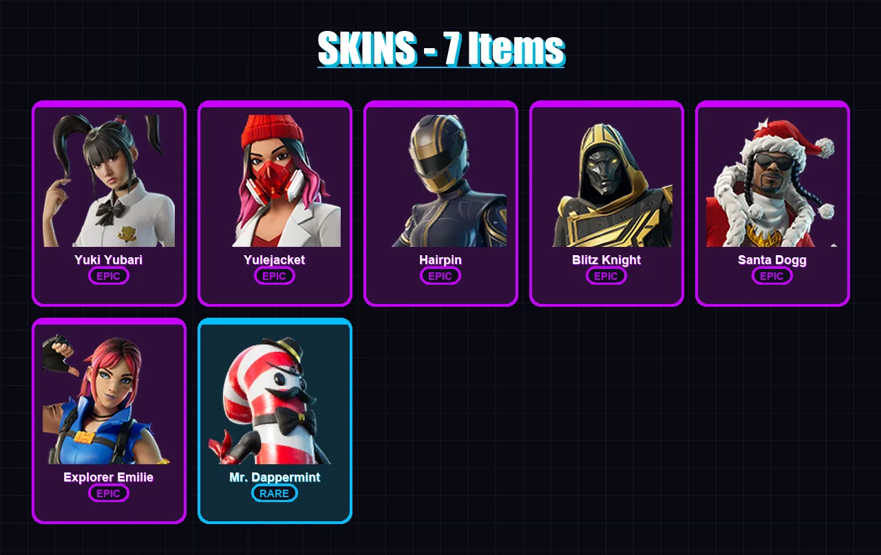 [PC/XBOX/PSN] | Yuki Yubari | Yulejacket | Hairpin | Blitz Knight | Santa Dogg | 7 skin | 40 pickaxe | 14 emote | 26 glider | Lv483
