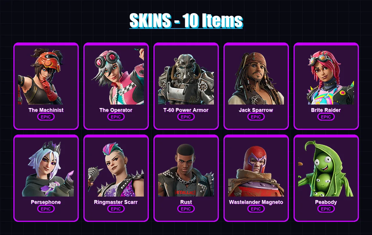 [PC/PSN] | The Machinist | The Operator | T-60 Power Armor | Jack Sparrow | Brite Raider | 10 skin | 11 pickaxe | 9 emote | 10 glider | Lv67